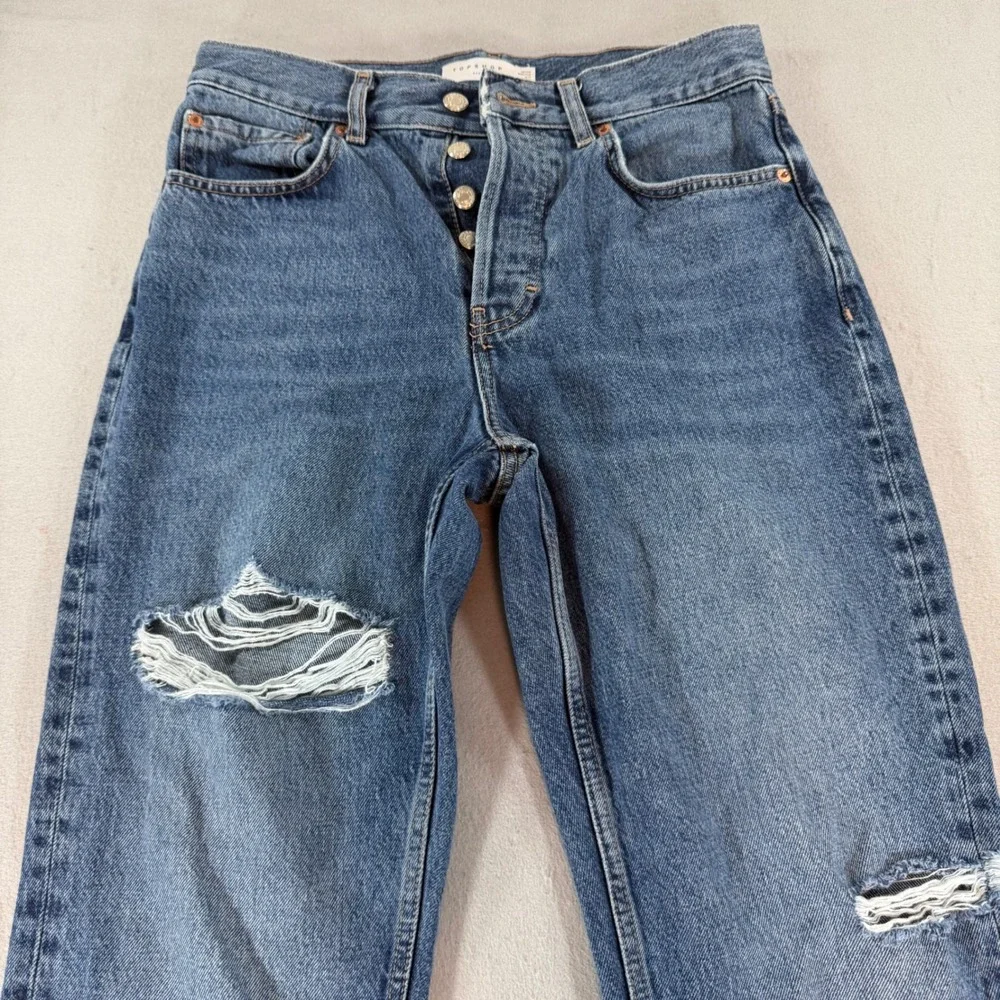 Topshop Dad Jeans 28 – High Rise Distressed Boyfriend Medium Wash Straight Denim